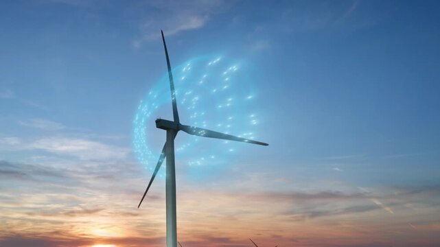 Wind turbine at sunset with AI monitoring visualization, smart renewable energy, wind power analytics, and digital control of clean energy infrastructure