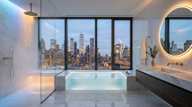 A luxury modern bathroom features a freestanding tub next to a large panoramic window overlooking a city skyline at dusk. The elegant interior design represents premium residential real estate.