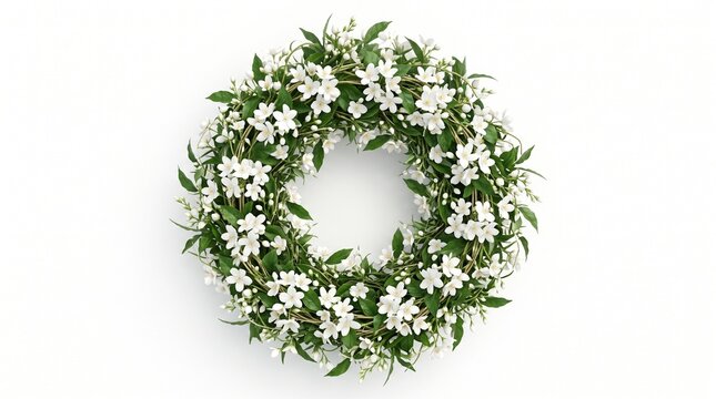 Premium 3D render of white jasmine flowers decorated with tiny dewdrops, isolated on pure white background, top view, photorealistic floral texture
