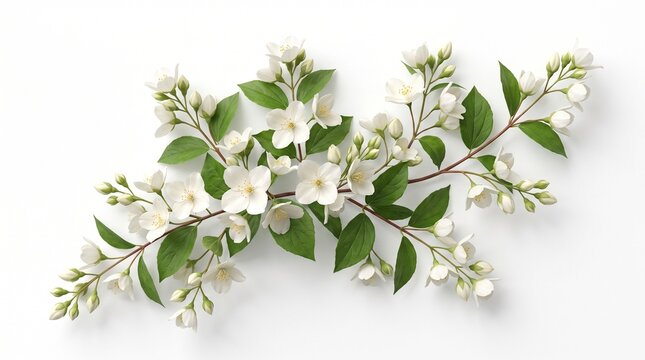 Premium 3D render of white jasmine flowers decorated with tiny dewdrops, isolated on pure white background, top view, photorealistic floral texture