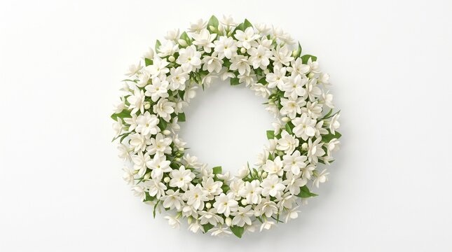 Premium 3D render of white jasmine flowers decorated with tiny dewdrops, isolated on pure white background, top view, photorealistic floral texture