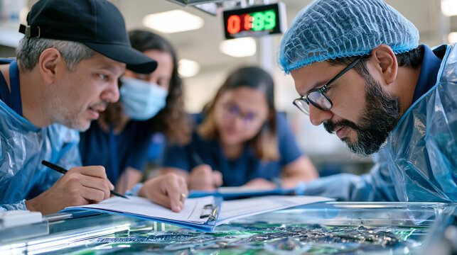 Aquaculture technicians in a hospital grade facility gather around a salinity monitoring tank, their multicultural team recording growth metrics on datasheets while a digital timer counts down above