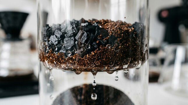 Wet coffee grounds sit inside a transparent glass dripper during the manual brewing process. The close-up macro shot captures the authentic technique of preparing specialty filter coffee.