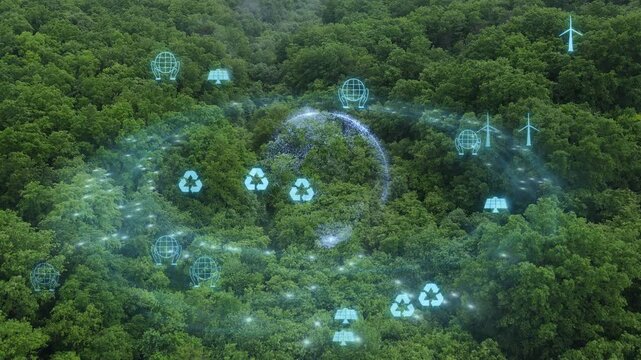 Green forest with digital eco icons, renewable energy symbols, and global sustainability interface. Environmental protection, clean energy, carbon neutrality, and green technology