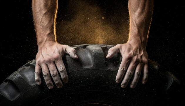 Close-up of a muscular man hands with chalk gripping a large tire in a gym. Concept of hardcore crossfit workout, intense strength training, dedication, and fitness motivation.