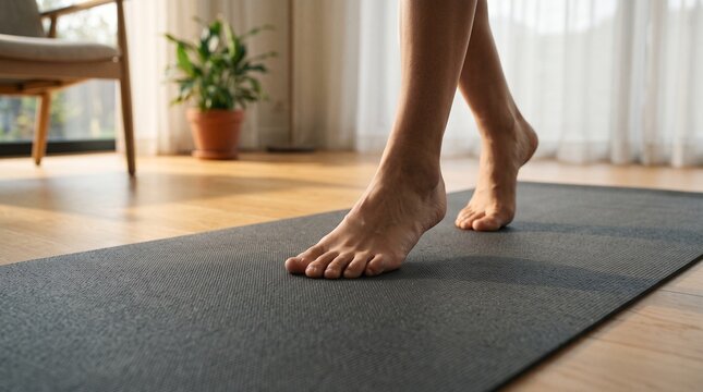 Bare feet stepping onto yoga mat at home for mindfulness exercise and healthy lifestyle routine