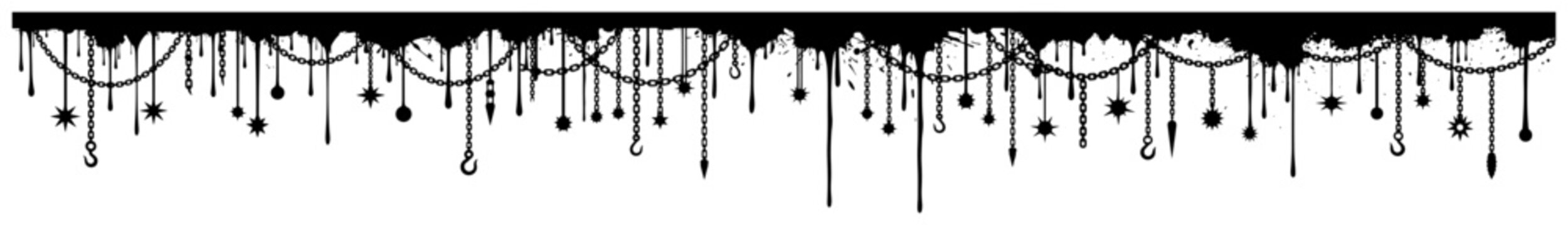 Top border with decorative hanging charms and gears in grunge ink style
