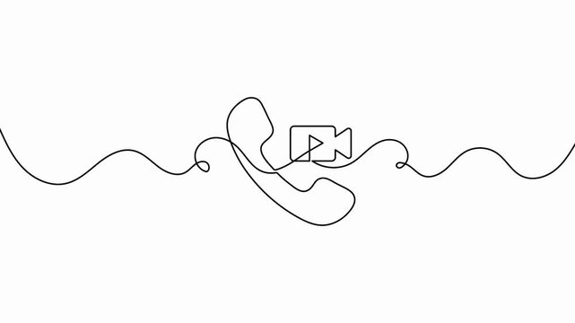 Video call phone handset and camera outline icon animation drawn in a single line art style