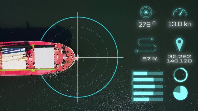 Cargo vessel with AI navigation interface, smart maritime logistics, route tracking, fleet monitoring, and digital control of marine transport operations