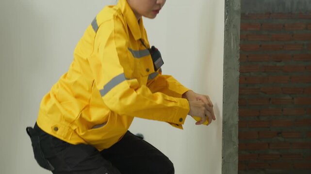 Home inspector measures wall opening during construction renovation, measuring tape in hand, woman worker in yellow hard hat examining unfinished interior wall at site with focused attention