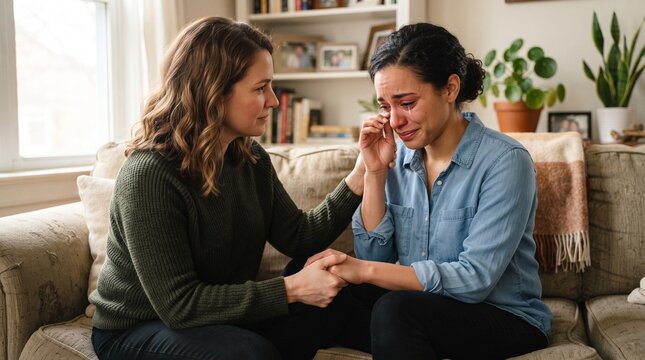 Woman comforting her crying friend on the couch offering support and empathy during a difficult time