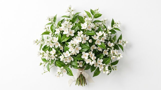 Ultra realistic 3D render of a jasmine flower branch with blooming flowers and buds, isolated on pure white background