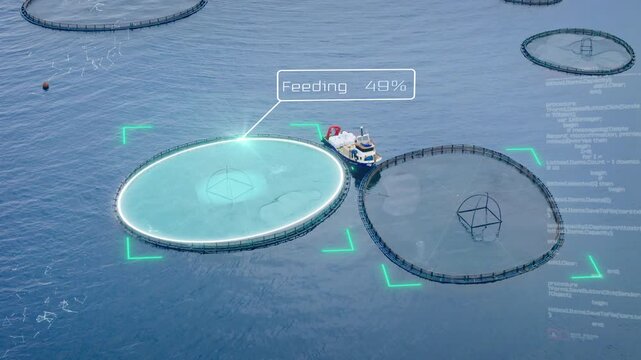 Offshore fish farm with feed boat, smart aquaculture interface, AI monitoring, automated feeding control, and digital management of marine fish production