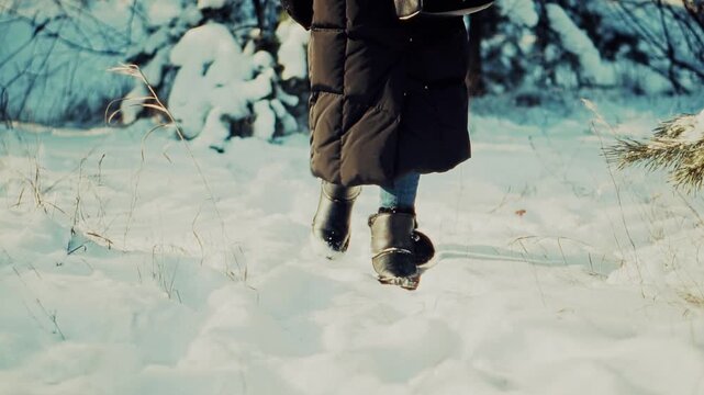Pedestrian Walking On Snow Covered Path Winter Forest. Cold Weather. Outdoor Recreation