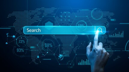 Obraz premium Digital finger touching glowing search bar over abstract global data world map interface technology concept