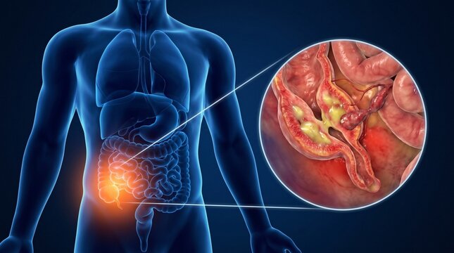 3D Medical Illustration of Appendicitis Showing Inflamed Appendix and Pus within the Human Digestive System
