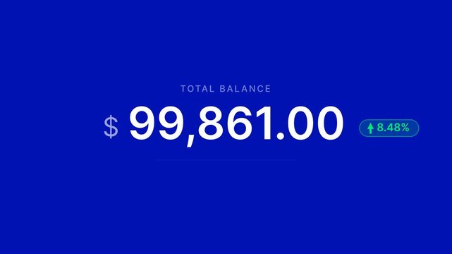 Digital finance dashboard showing total balance with changing numbers, financial technology, stock