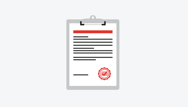 A grey clipboard holding a document with a red header and an official seal with a checkmark.