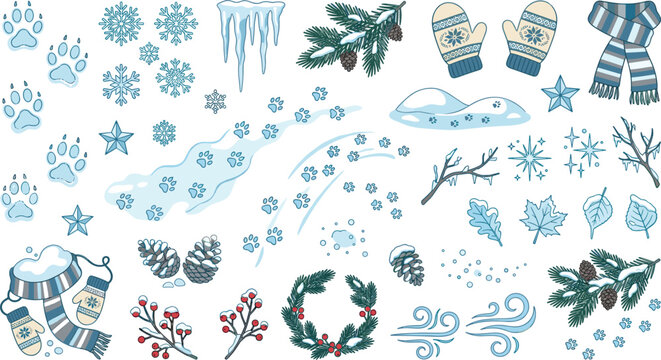 Winter season nature and cozy holiday vector elements pack featuring snowflakes icicles animal paw prints mittens and pinecones.
