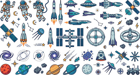 Futuristic sci-fi aerospace icons pack including starships space capsules comets constellations and planetary orbits isolated on white background, 18 words. © MdAbdul
