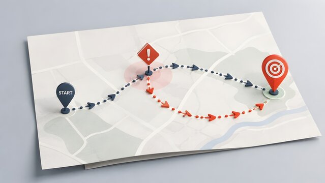 Strategic route detour map showing alternative path around obstacles to reach business target goal