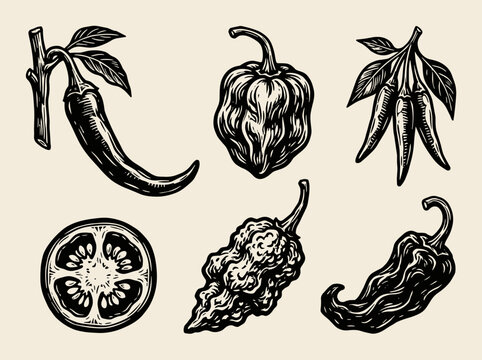 Linocut chili pepper illustration set, cayenne, habanero, and ghost pepper, isolated on cream background