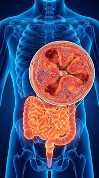 3D Medical Illustration of Crohn's Disease with Magnified Intestinal Cross-Section and Digestive System Anatomy
