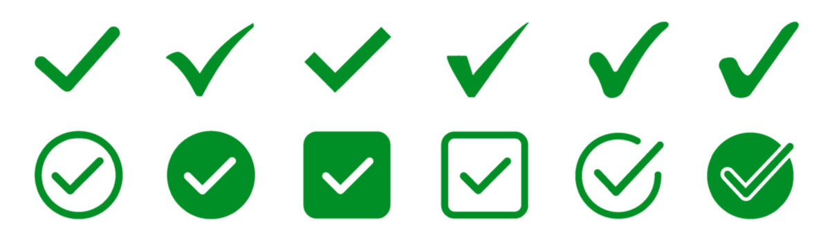 Green checkmark sign icon set  inside circle. Check mark icons in different styles and shapes. Symbol indicates approval or confirmation encircled