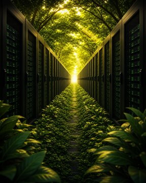 Server racks forming a forest-like corridor for green computing