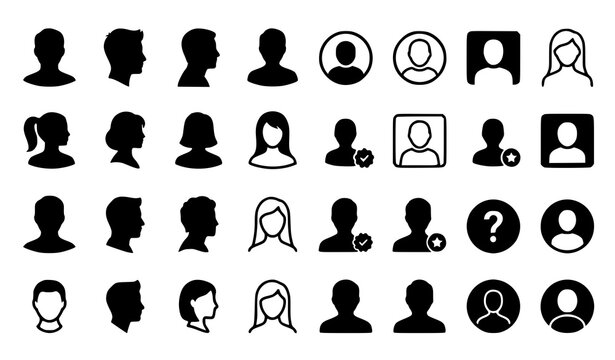 Generic anonymous profile avatar illustration set with black male female silhouettes and user account vector icons