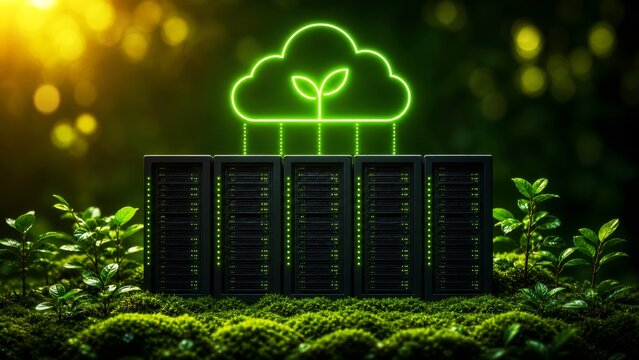 Green cloud computing concept with server racks and sprouting tree icon