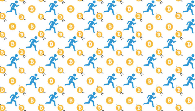 A seamless repeating pattern of running blue men and bouncing golden bitcoin symbols.