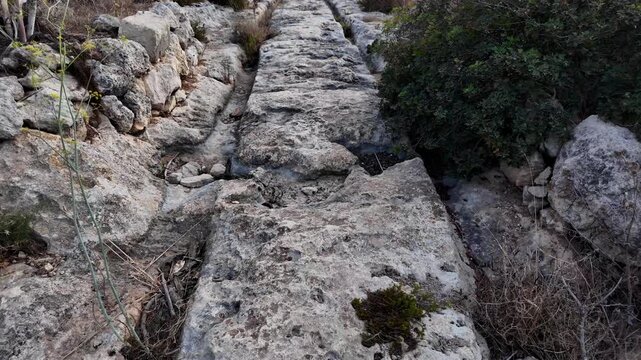 Ancient Cart Ruts on Xemxija heritage trail, parallel cartways groves cut into bare rock.