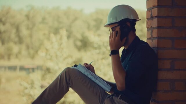 Engineer Talking On Smartphone And Writing Clipboard Holding Blueprint. Construction Inspector. Project Management