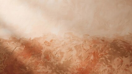 Fototapeta premium Warm realistic background texture of hand finished terracotta clay plaster in rust warm sand and clay red tones with ambient lighting and open workspace on top half