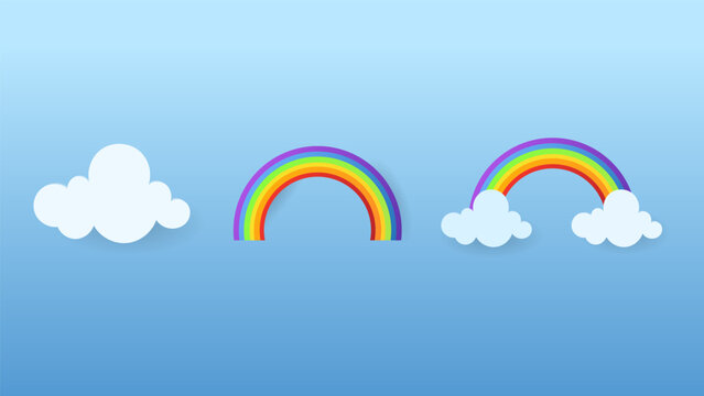 Weather Icons Set with White Cloud and Colorful Rainbows in Paper Cut Style