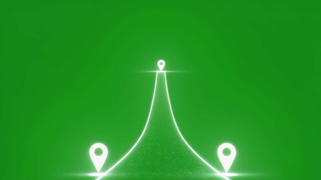 Navigation path animation with location pins on a green screen background showing strategic planning