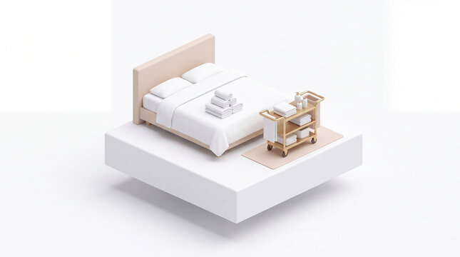 Isometric hotel bedroom with cleaning cart. 3D render of a modern suite with housekeeping service.