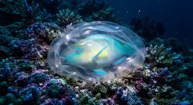 Parrotfish sleeping in a mucus cocoon underwater