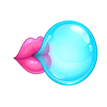 Pink lips blowing a large blue bubblegum bubble illustration