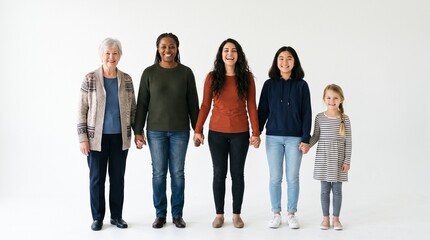 Fototapeta premium Diverse group of women and girls of different ages and ethnicities holding hands in unity and smiling