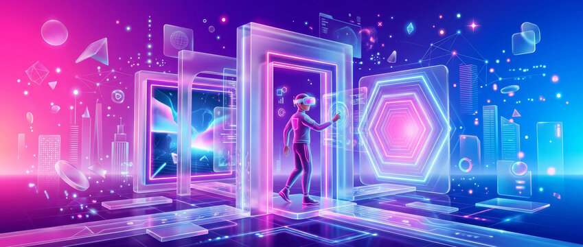 A glowing neon square portal stands in the center of a futuristic virtual space. The abstract digital stage represents modern metaverse concepts and cyber reality environments.