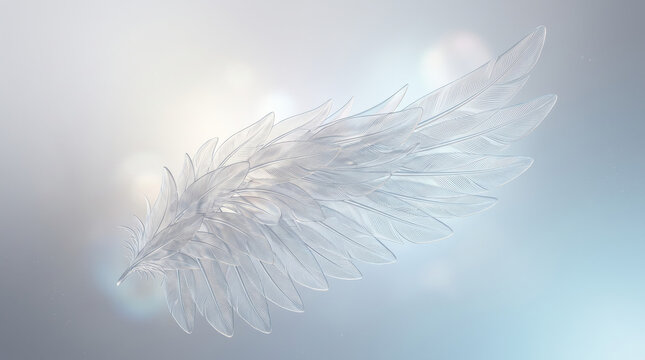 A macro close-up captures the delicate, fluffy barbs of a soft white feather against a light, gently blurred background. The elegant, airy image conveys concepts of purity, lightness, gentleness, and 
