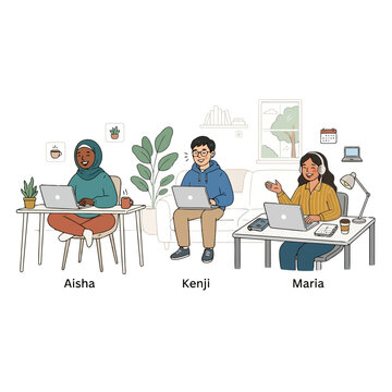 Aisha, Kenji, and Maria working remotely on laptops in a cozy home environment.