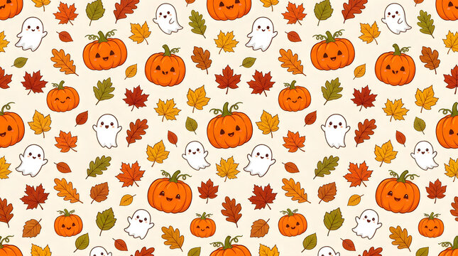 Cute halloween seamless pattern with cartoon pumpkins, little ghosts, and colorful autumn leaves