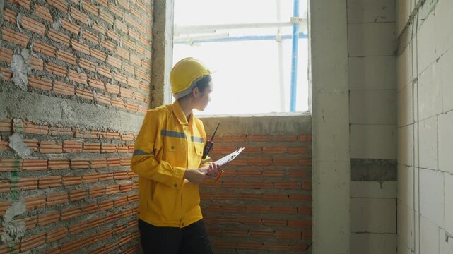 Home inspector unfinished house examines wall plan with focused expression, female worker yellow helmet holding clipboard near brick wall and window unfinished room, looking construction site