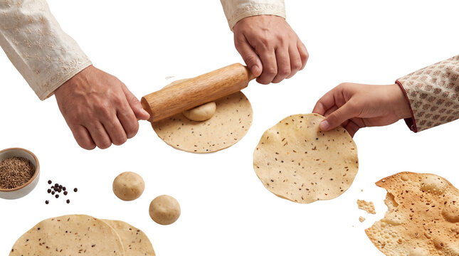 Traditional Indian papadum preparation with rolling pin, hands rolling dough for crispy papad, authentic homemade lentil crackers making process isolated PNG with Transparent Background