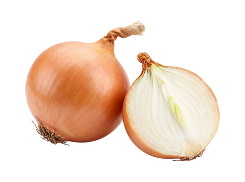Yellow onions, whole and halved, isolated on transparent background