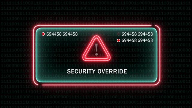 Digital security override warning interface with pulsing neon red alert triangle and rapidly changing numerical data codes on a dark binary code background, for cyber security, and data breach 