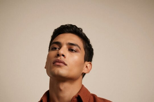 Male Model Portrait with Luxury Makeup and Terracotta Shirt against Beige Background